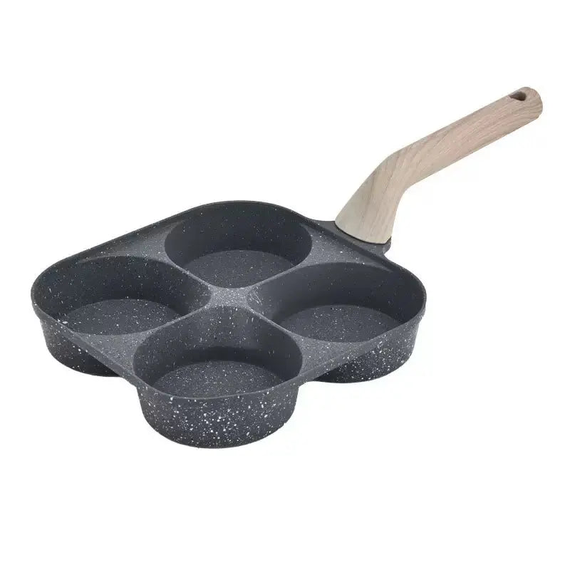 Professional Non-Stick 4-Hole Egg Frying Pan with Wooden Handle - Versatile 3-in-1 Divided Skillet for Omelets and Pancakes, Compatible with Gas and Induction Cooktops