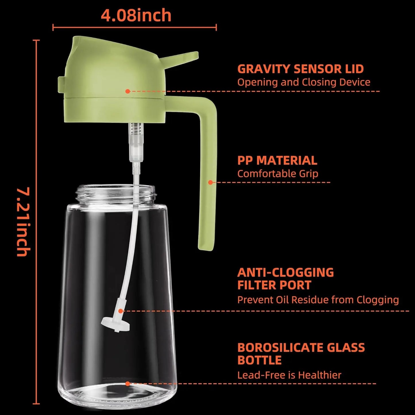 16 Oz Glass Oil Dispenser Bottle - 2-in-1 Olive Oil Dispenser and Sprayer for Cooking, Salads, and Barbecues - Elegant Kitchenware in Green and Black