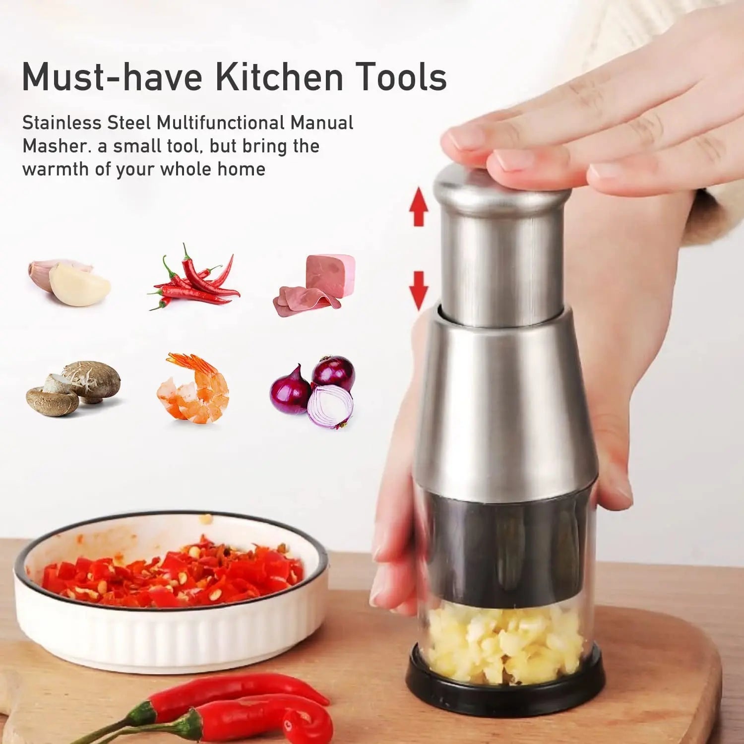 Multifunctional Stainless Steel Garlic and Onion Chopper - Manual Vegetable Cutter with Easy Clean Design, Silver Finish