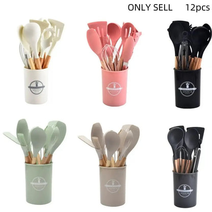 Professional Silicone Kitchen Utensils Set - 12 Pieces Including Spatula, Spoon, Tongs, Whisk, and Basting Brush with Storage Basket