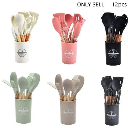 Professional Silicone Kitchen Utensils Set - 12 Pieces Including Spatula, Spoon, Tongs, Whisk, and Basting Brush with Storage Basket