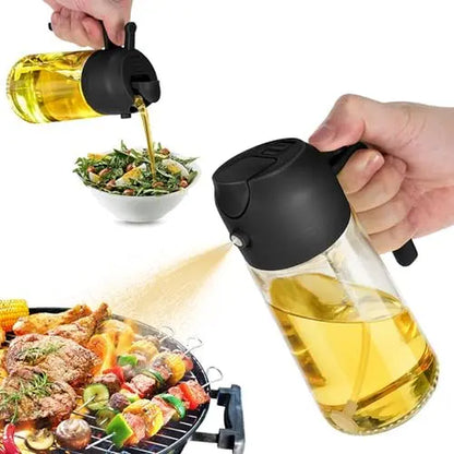 16 Oz Glass Oil Dispenser Bottle - 2-in-1 Olive Oil Dispenser and Sprayer for Cooking, Salads, and Barbecues - Elegant Kitchenware in Green and Black