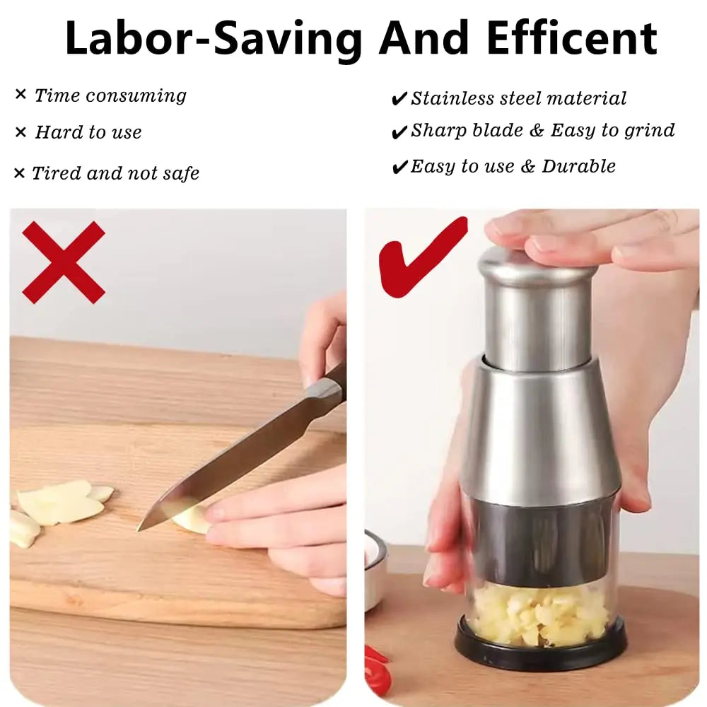 Multifunctional Stainless Steel Garlic and Onion Chopper - Manual Vegetable Cutter with Easy Clean Design, Silver Finish