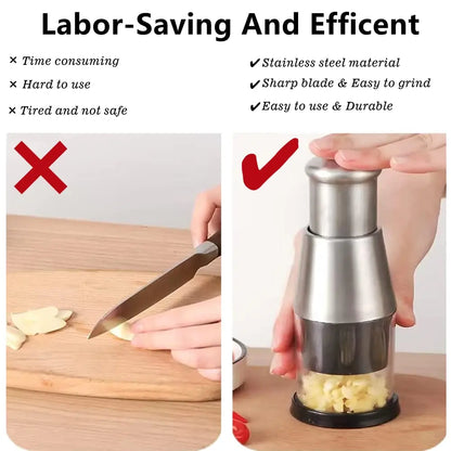 Multifunctional Stainless Steel Garlic and Onion Chopper - Manual Vegetable Cutter with Easy Clean Design, Silver Finish