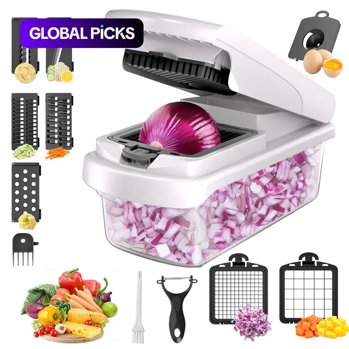 7-in-1 Manual Vegetable and Fruit Chopper - Multifunctional Kitchen Slicer with Durable Stainless Steel Blades and 10 Cutting Accessories for Chopping, Dicing, and French Fry Preparation