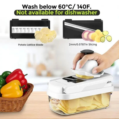 7-in-1 Manual Vegetable and Fruit Chopper - Multifunctional Kitchen Slicer with Durable Stainless Steel Blades and 10 Cutting Accessories for Chopping, Dicing, and French Fry Preparation