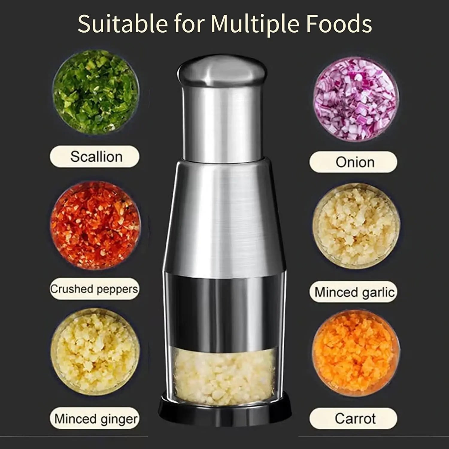 Multifunctional Stainless Steel Garlic and Onion Chopper - Manual Vegetable Cutter with Easy Clean Design, Silver Finish