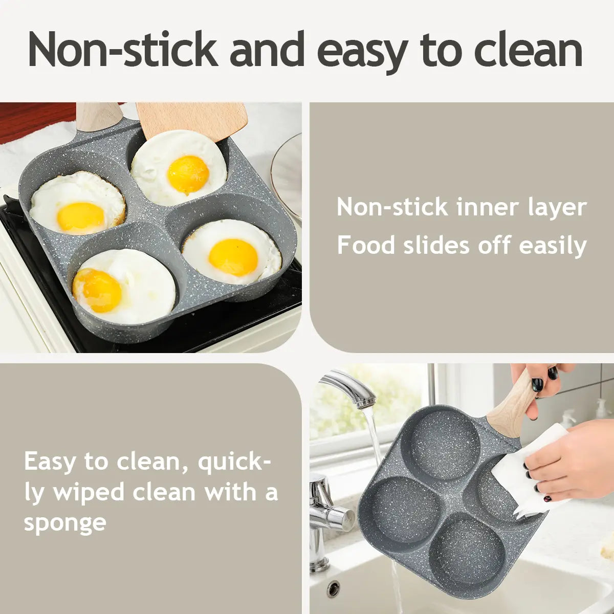 Professional Non-Stick 4-Hole Egg Frying Pan with Wooden Handle - Versatile 3-in-1 Divided Skillet for Omelets and Pancakes, Compatible with Gas and Induction Cooktops