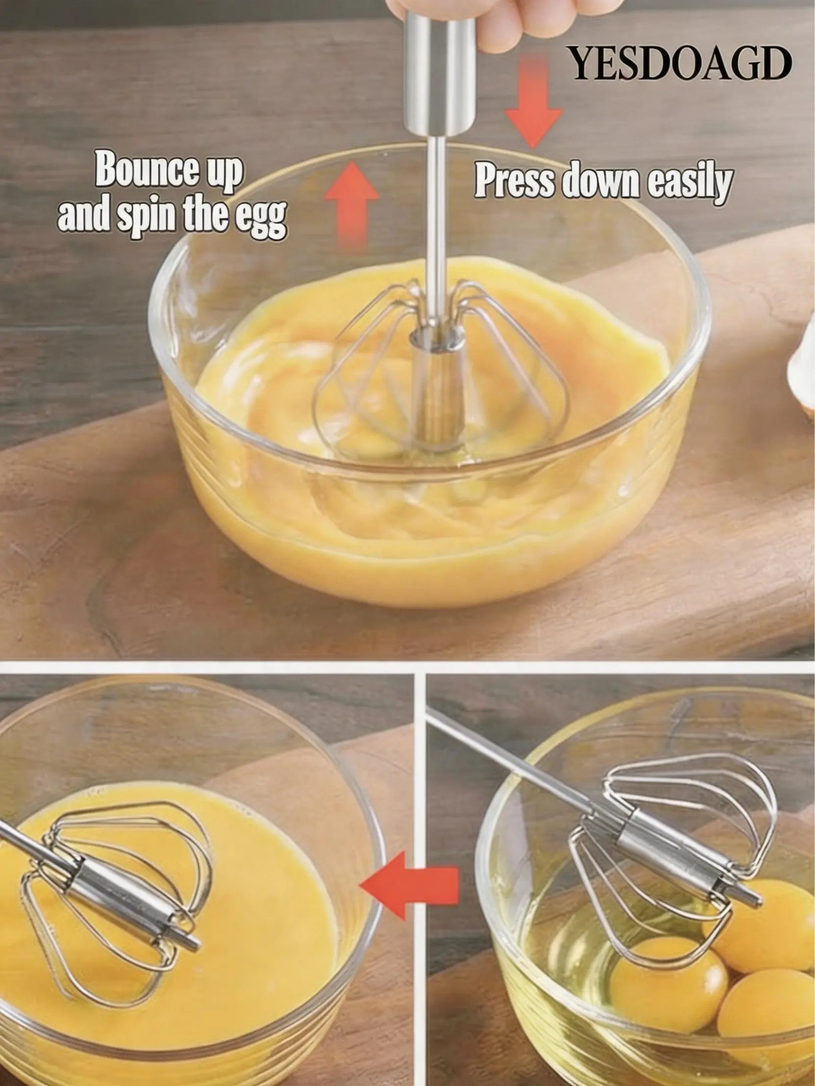 Food-Grade Stainless Steel Hand-Push Rotary Whisk - Semi-Automatic, Rust-Resistant Kitchen Utensil for Coffee and Egg Mixing, Durable Riveted Design, Easy to Clean