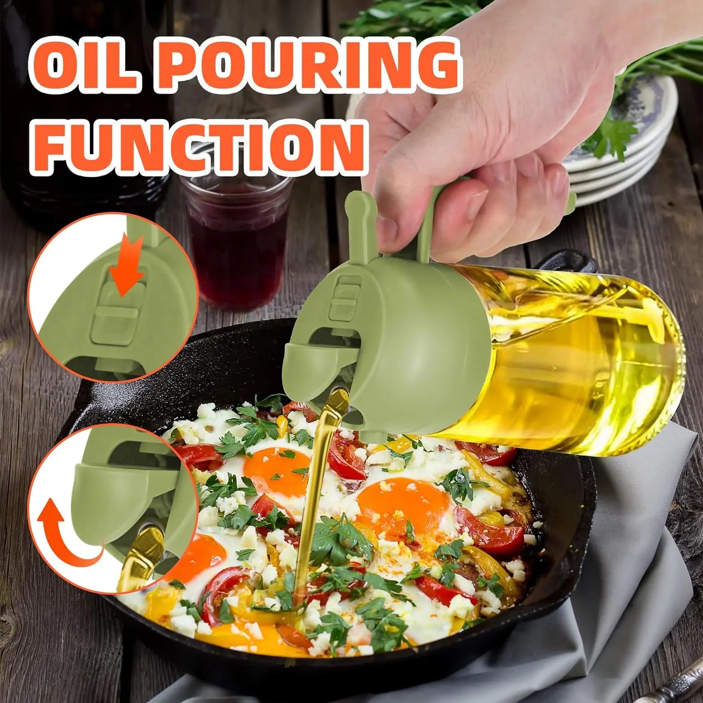 16 Oz Glass Oil Dispenser Bottle - 2-in-1 Olive Oil Dispenser and Sprayer for Cooking, Salads, and Barbecues - Elegant Kitchenware in Green and Black