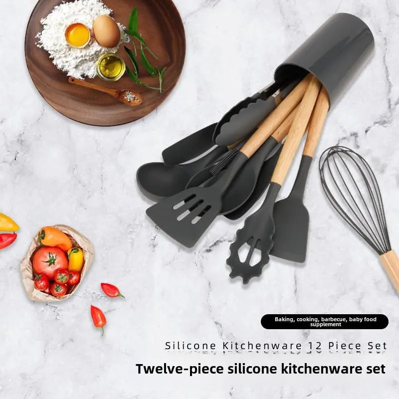 Professional Silicone Kitchen Utensils Set - 12 Pieces Including Spatula, Spoon, Tongs, Whisk, and Basting Brush with Storage Basket
