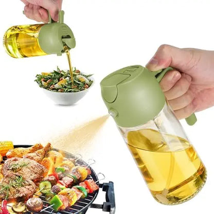 16 Oz Glass Oil Dispenser Bottle - 2-in-1 Olive Oil Dispenser and Sprayer for Cooking, Salads, and Barbecues - Elegant Kitchenware in Green and Black