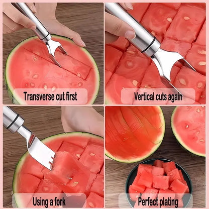 Watermelon Slicer and Cube Cutter - 2-in-1 Stainless Steel Fruit Cutting Tool with Dual Head Forks and Ergonomic Handle, Portable Kitchen Gadget