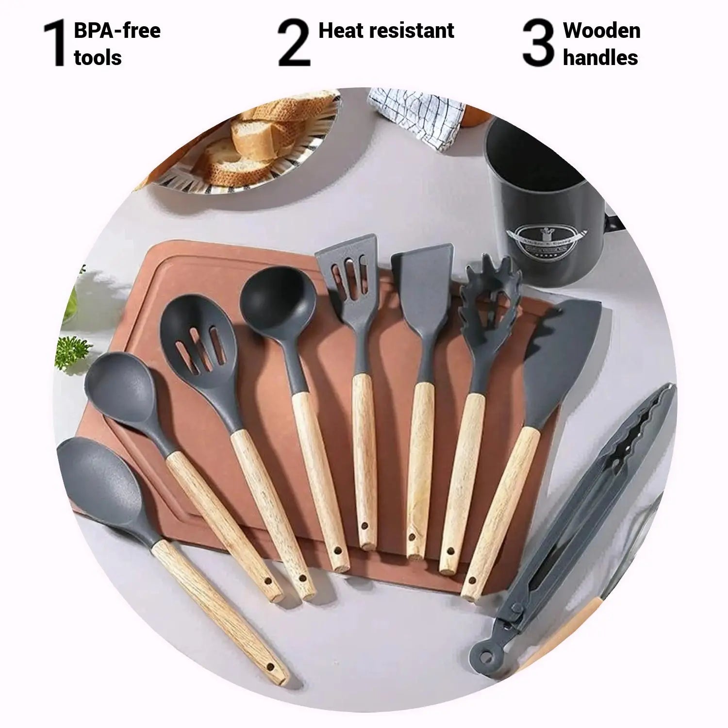 Professional Silicone Kitchen Utensils Set - 12 Pieces Including Spatula, Spoon, Tongs, Whisk, and Basting Brush with Storage Basket