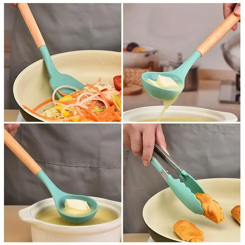 Professional Silicone Kitchen Utensils Set - 12 Pieces Including Spatula, Spoon, Tongs, Whisk, and Basting Brush with Storage Basket