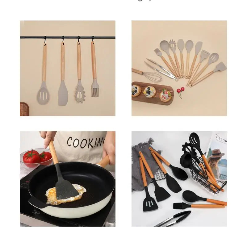 Professional Silicone Kitchen Utensils Set - 12 Pieces Including Spatula, Spoon, Tongs, Whisk, and Basting Brush with Storage Basket