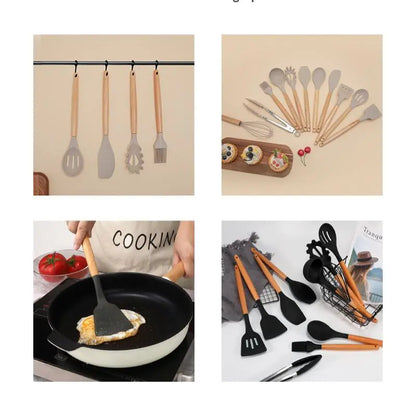 Professional Silicone Kitchen Utensils Set - 12 Pieces Including Spatula, Spoon, Tongs, Whisk, and Basting Brush with Storage Basket