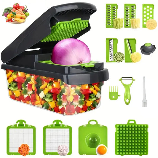 7-in-1 Manual Vegetable and Fruit Chopper - Multifunctional Kitchen Slicer with Durable Stainless Steel Blades and 10 Cutting Accessories for Chopping, Dicing, and French Fry Preparation