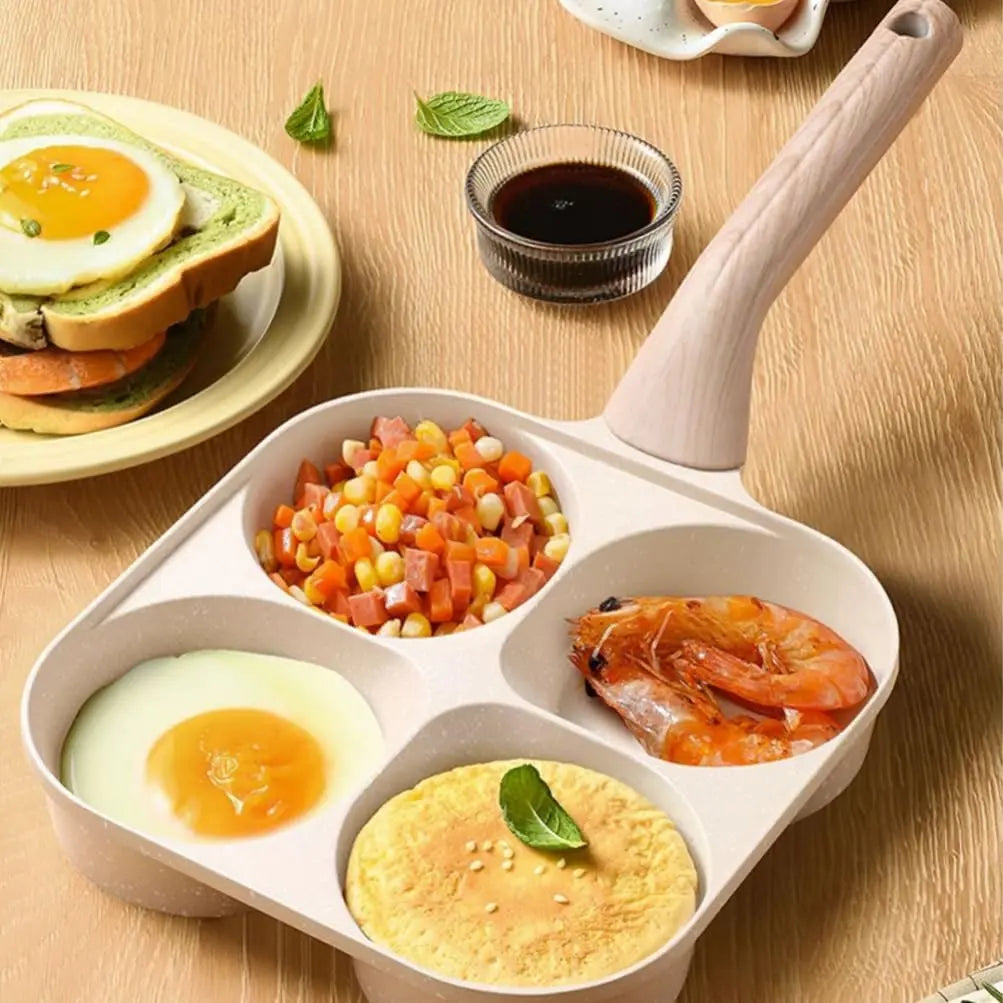 Professional Non-Stick 4-Hole Egg Frying Pan with Wooden Handle - Versatile 3-in-1 Divided Skillet for Omelets and Pancakes, Compatible with Gas and Induction Cooktops