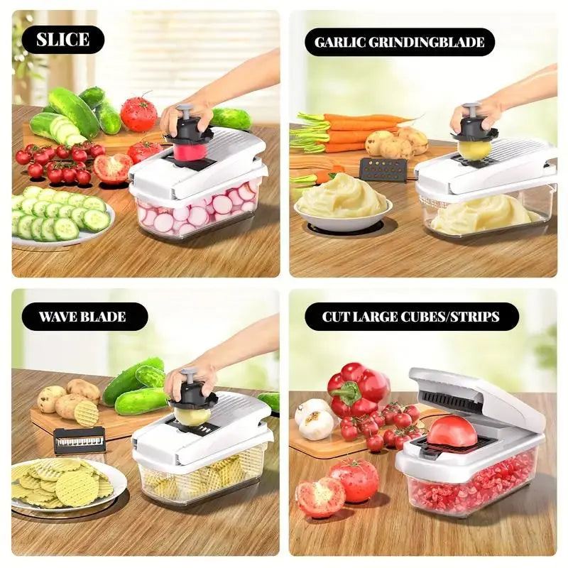 7-in-1 Manual Vegetable and Fruit Chopper - Multifunctional Kitchen Slicer with Durable Stainless Steel Blades and 10 Cutting Accessories for Chopping, Dicing, and French Fry Preparation