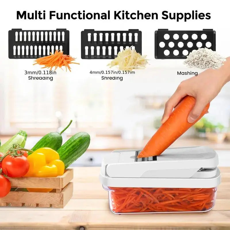 7-in-1 Manual Vegetable and Fruit Chopper - Multifunctional Kitchen Slicer with Durable Stainless Steel Blades and 10 Cutting Accessories for Chopping, Dicing, and French Fry Preparation