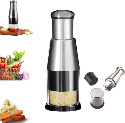 Multifunctional Stainless Steel Garlic and Onion Chopper - Manual Vegetable Cutter with Easy Clean Design, Silver Finish