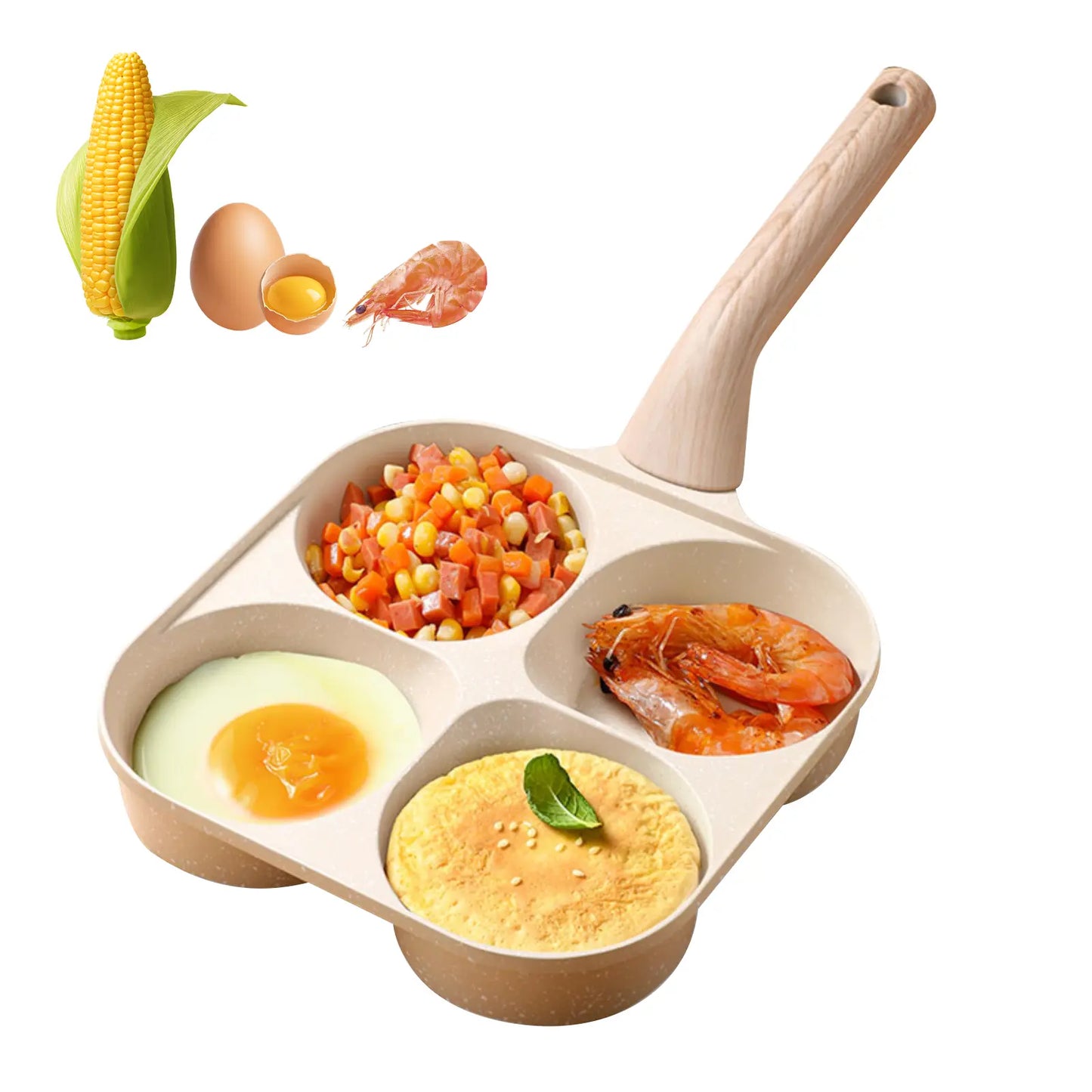 Professional Non-Stick 4-Hole Egg Frying Pan with Wooden Handle - Versatile 3-in-1 Divided Skillet for Omelets and Pancakes, Compatible with Gas and Induction Cooktops