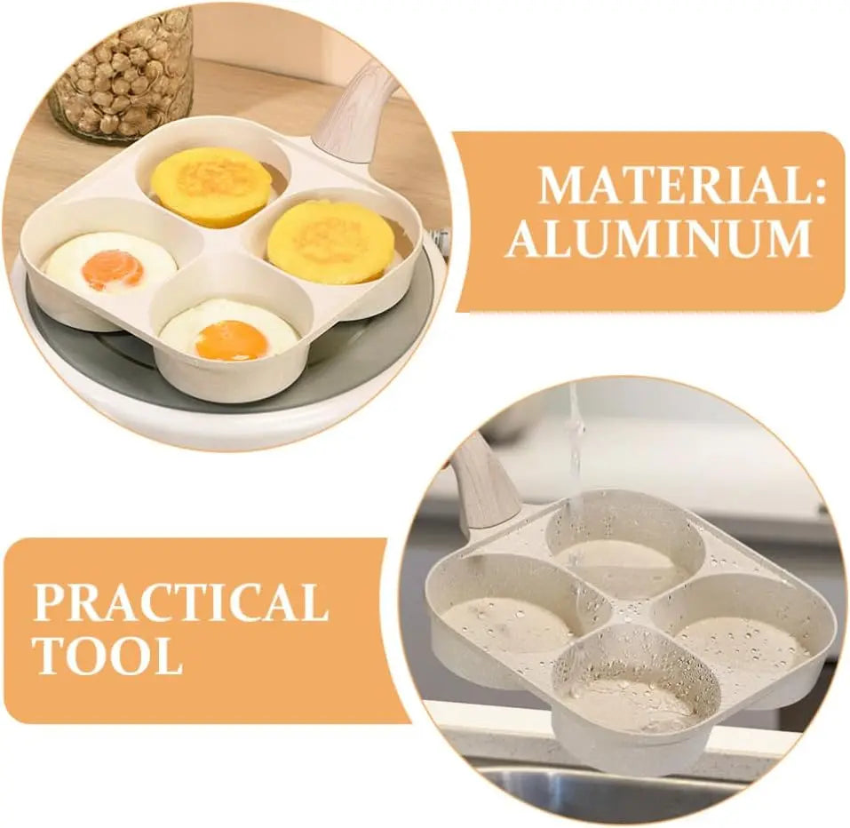 Professional Non-Stick 4-Hole Egg Frying Pan with Wooden Handle - Versatile 3-in-1 Divided Skillet for Omelets and Pancakes, Compatible with Gas and Induction Cooktops