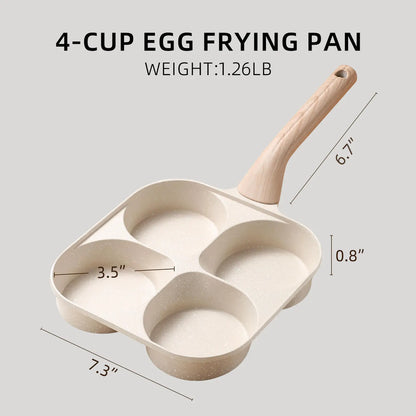 Professional Non-Stick 4-Hole Egg Frying Pan with Wooden Handle - Versatile 3-in-1 Divided Skillet for Omelets and Pancakes, Compatible with Gas and Induction Cooktops