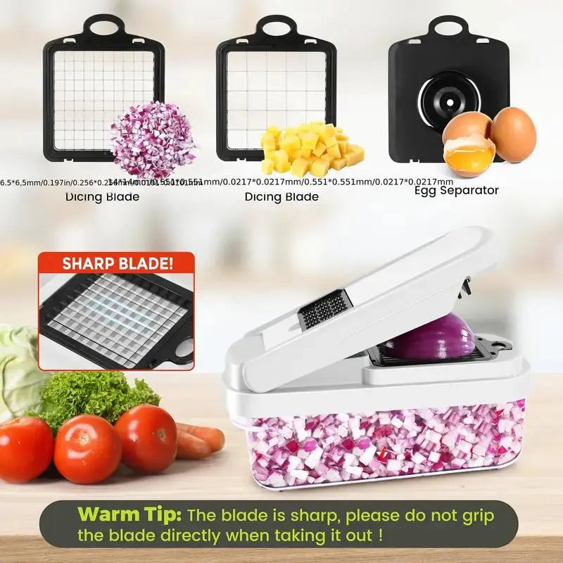 7-in-1 Manual Vegetable and Fruit Chopper - Multifunctional Kitchen Slicer with Durable Stainless Steel Blades and 10 Cutting Accessories for Chopping, Dicing, and French Fry Preparation