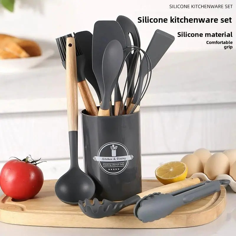 Professional Silicone Kitchen Utensils Set - 12 Pieces Including Spatula, Spoon, Tongs, Whisk, and Basting Brush with Storage Basket