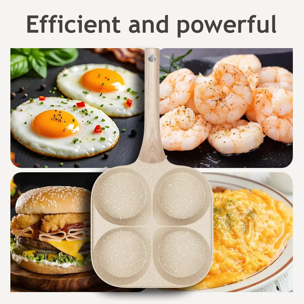 Professional Non-Stick 4-Hole Egg Frying Pan with Wooden Handle - Versatile 3-in-1 Divided Skillet for Omelets and Pancakes, Compatible with Gas and Induction Cooktops