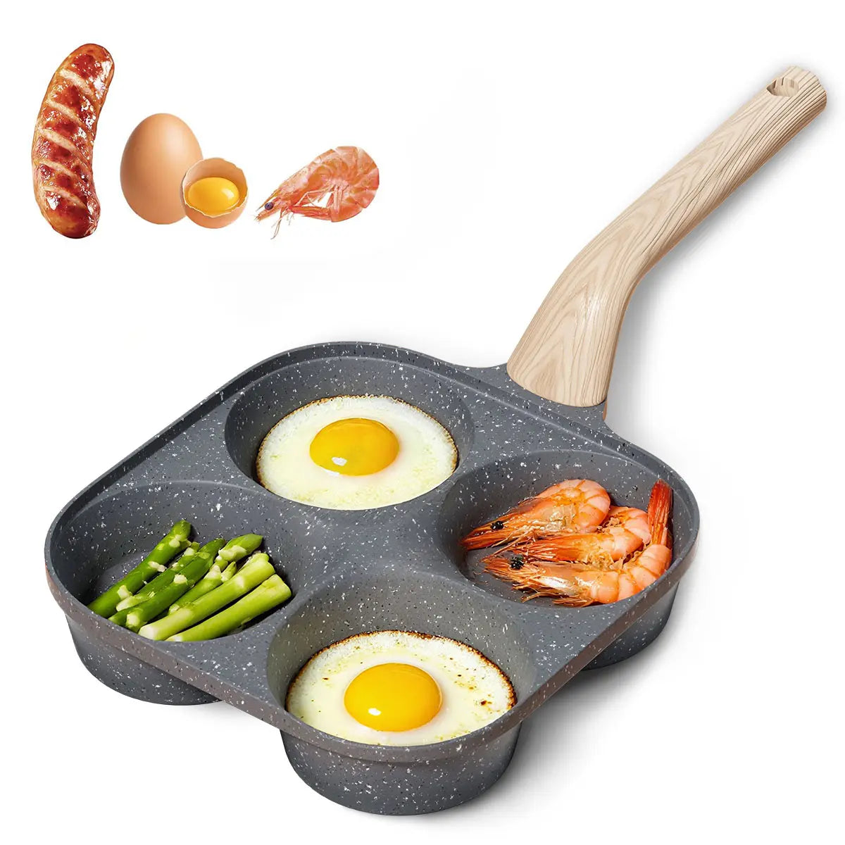 Professional Non-Stick 4-Hole Egg Frying Pan with Wooden Handle - Versatile 3-in-1 Divided Skillet for Omelets and Pancakes, Compatible with Gas and Induction Cooktops