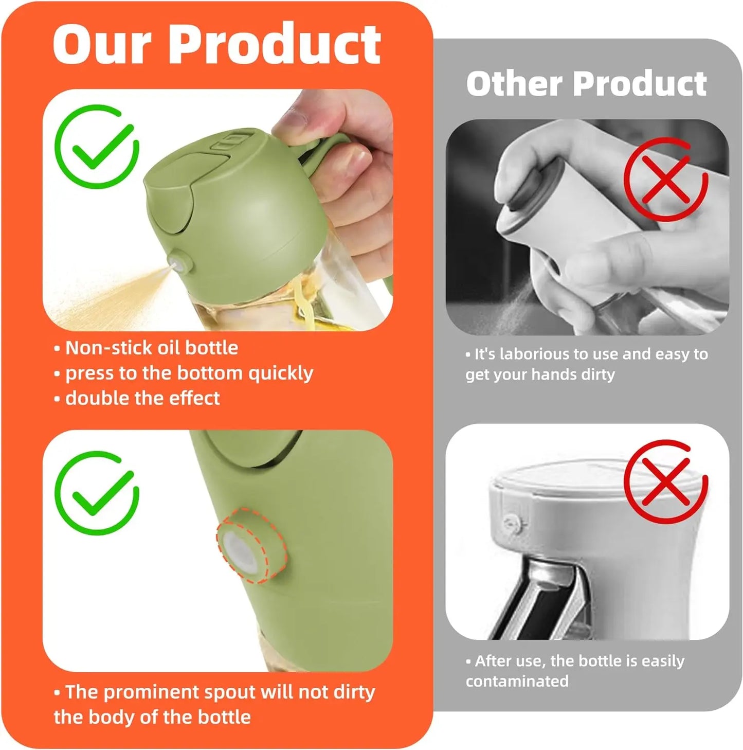 16 Oz Glass Oil Dispenser Bottle - 2-in-1 Olive Oil Dispenser and Sprayer for Cooking, Salads, and Barbecues - Elegant Kitchenware in Green and Black