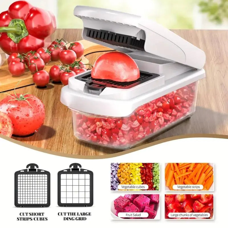 7-in-1 Manual Vegetable and Fruit Chopper - Multifunctional Kitchen Slicer with Durable Stainless Steel Blades and 10 Cutting Accessories for Chopping, Dicing, and French Fry Preparation