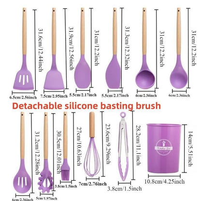 Professional Silicone Kitchen Utensils Set - 12 Pieces Including Spatula, Spoon, Tongs, Whisk, and Basting Brush with Storage Basket