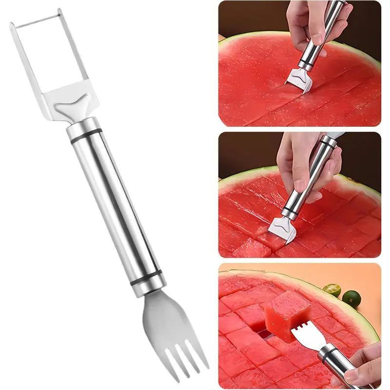 Watermelon Slicer and Cube Cutter - 2-in-1 Stainless Steel Fruit Cutting Tool with Dual Head Forks and Ergonomic Handle, Portable Kitchen Gadget