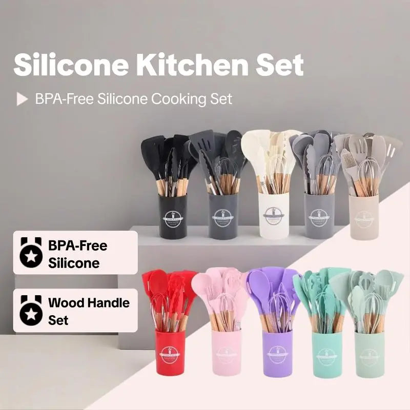 Professional Silicone Kitchen Utensils Set - 12 Pieces Including Spatula, Spoon, Tongs, Whisk, and Basting Brush with Storage Basket