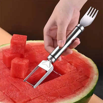 Watermelon Slicer and Cube Cutter - 2-in-1 Stainless Steel Fruit Cutting Tool with Dual Head Forks and Ergonomic Handle, Portable Kitchen Gadget