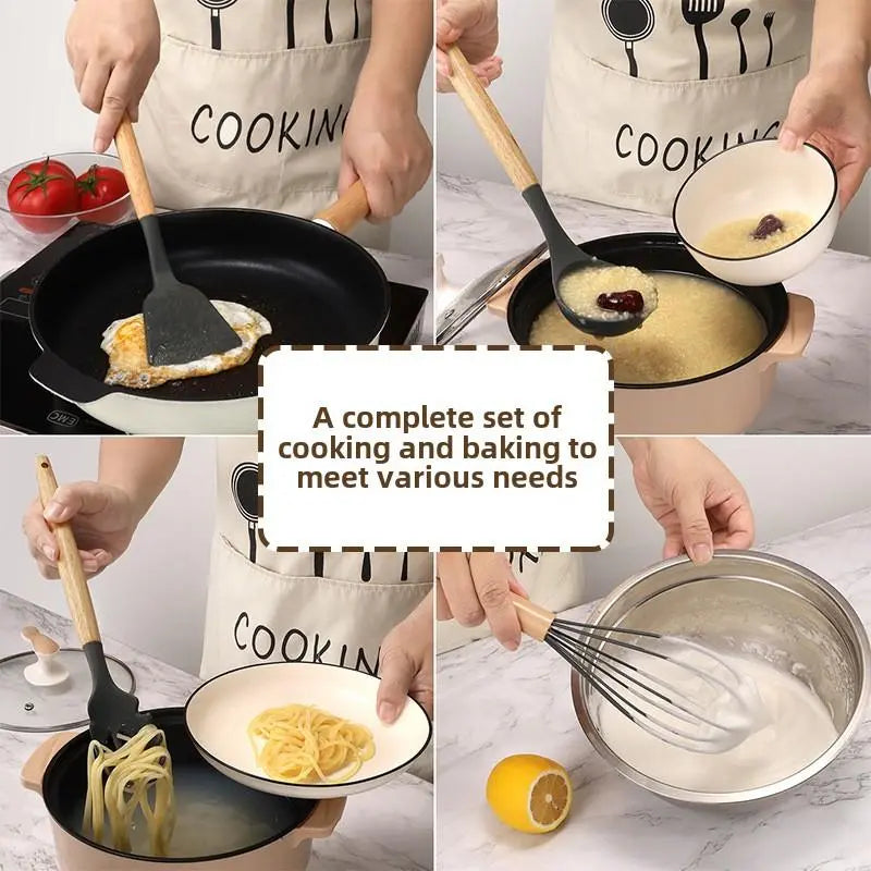 Professional Silicone Kitchen Utensils Set - 12 Pieces Including Spatula, Spoon, Tongs, Whisk, and Basting Brush with Storage Basket