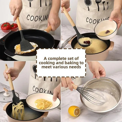Professional Silicone Kitchen Utensils Set - 12 Pieces Including Spatula, Spoon, Tongs, Whisk, and Basting Brush with Storage Basket