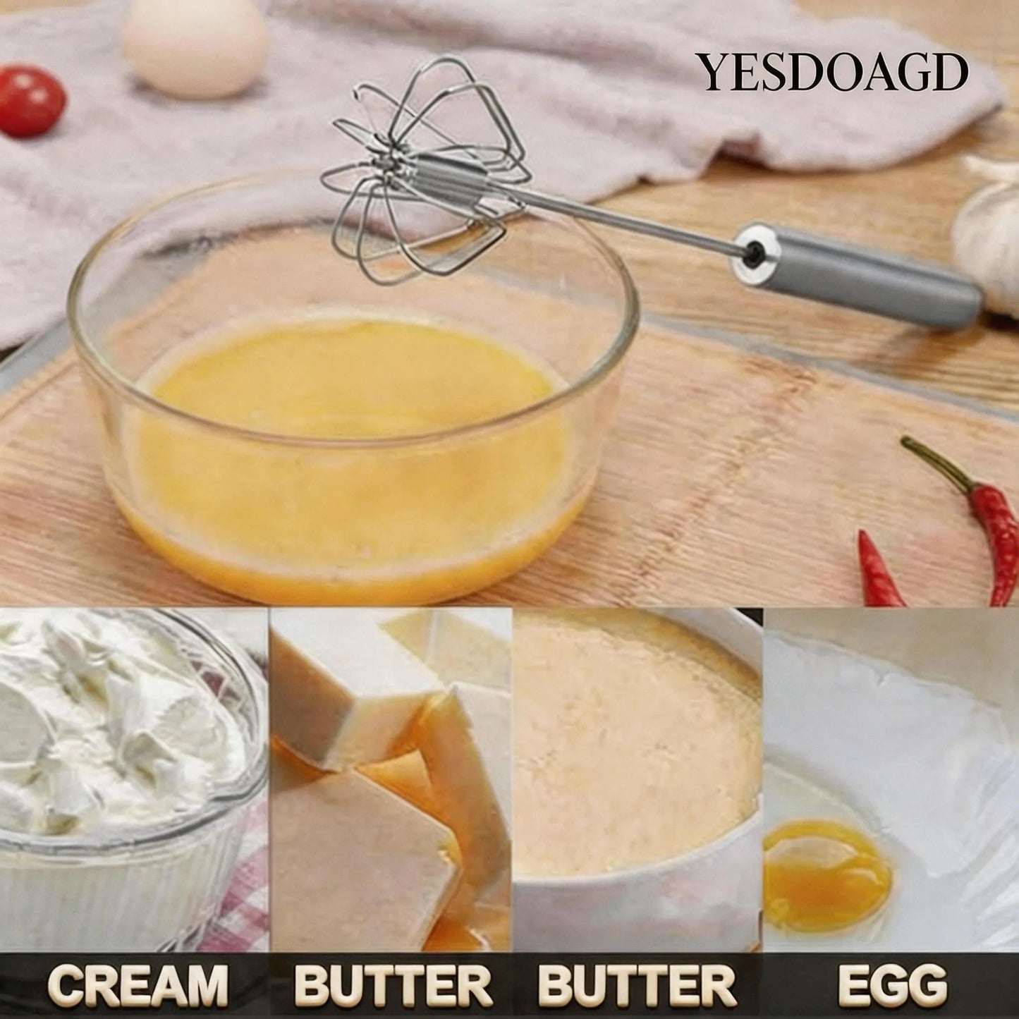Food-Grade Stainless Steel Hand-Push Rotary Whisk - Semi-Automatic, Rust-Resistant Kitchen Utensil for Coffee and Egg Mixing, Durable Riveted Design, Easy to Clean