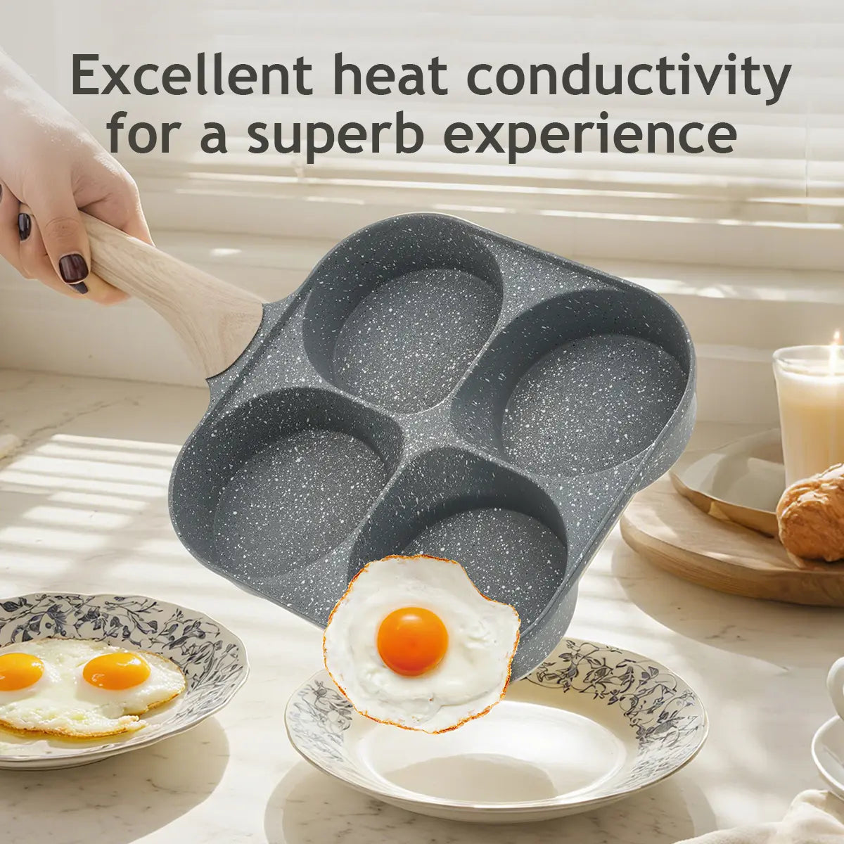 Professional Non-Stick 4-Hole Egg Frying Pan with Wooden Handle - Versatile 3-in-1 Divided Skillet for Omelets and Pancakes, Compatible with Gas and Induction Cooktops