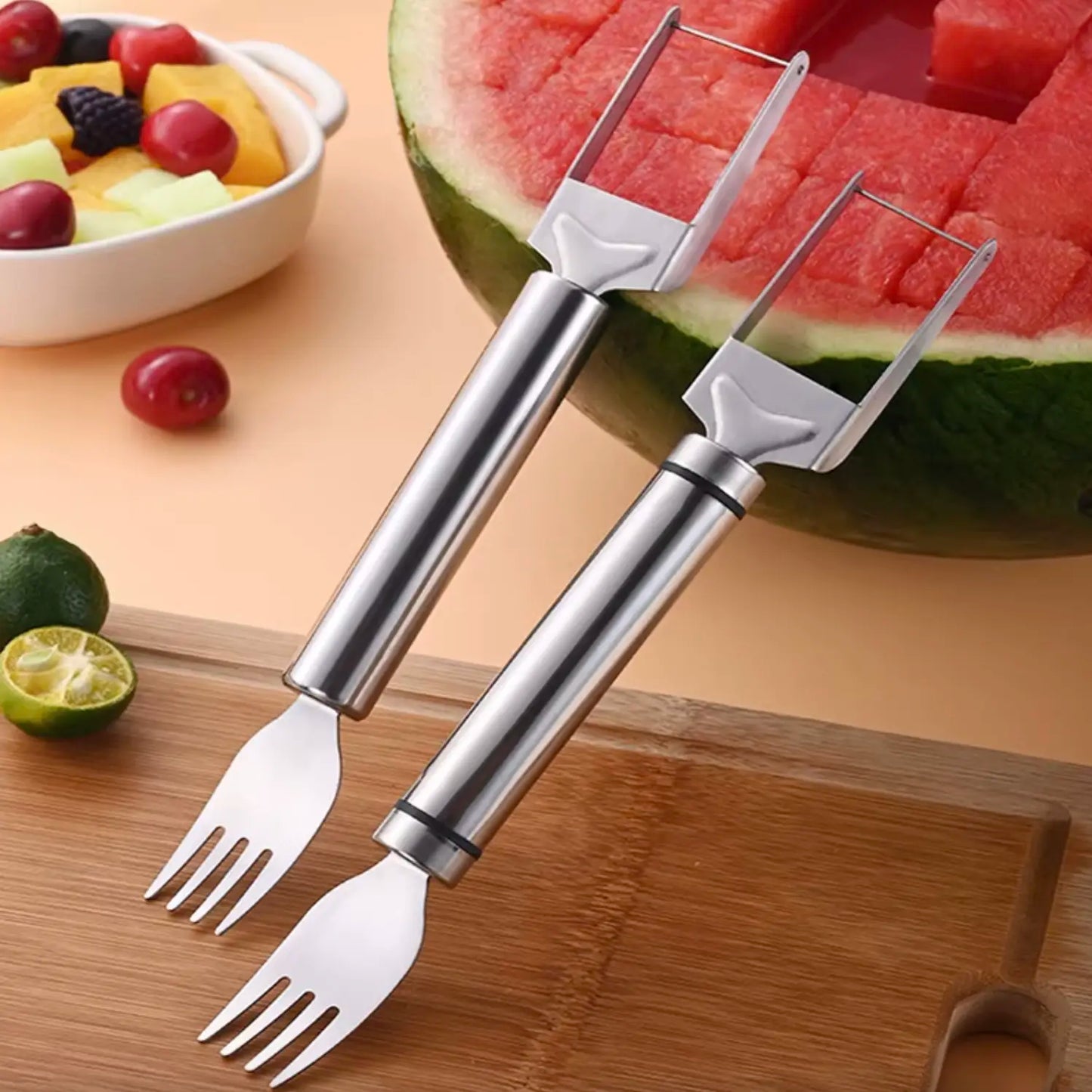Watermelon Slicer and Cube Cutter - 2-in-1 Stainless Steel Fruit Cutting Tool with Dual Head Forks and Ergonomic Handle, Portable Kitchen Gadget
