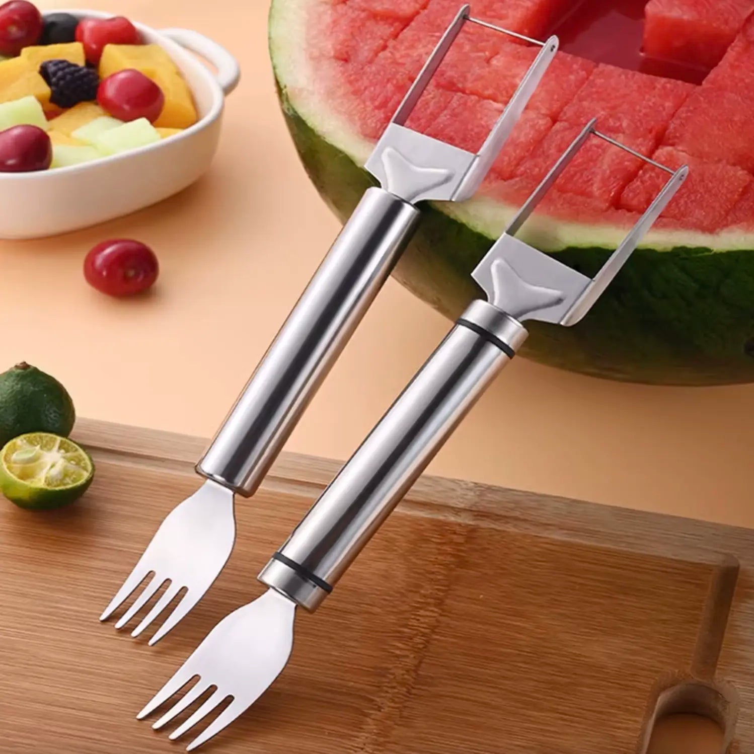 Watermelon Slicer and Cube Cutter - 2-in-1 Stainless Steel Fruit Cutting Tool with Dual Head Forks and Ergonomic Handle, Portable Kitchen Gadget
