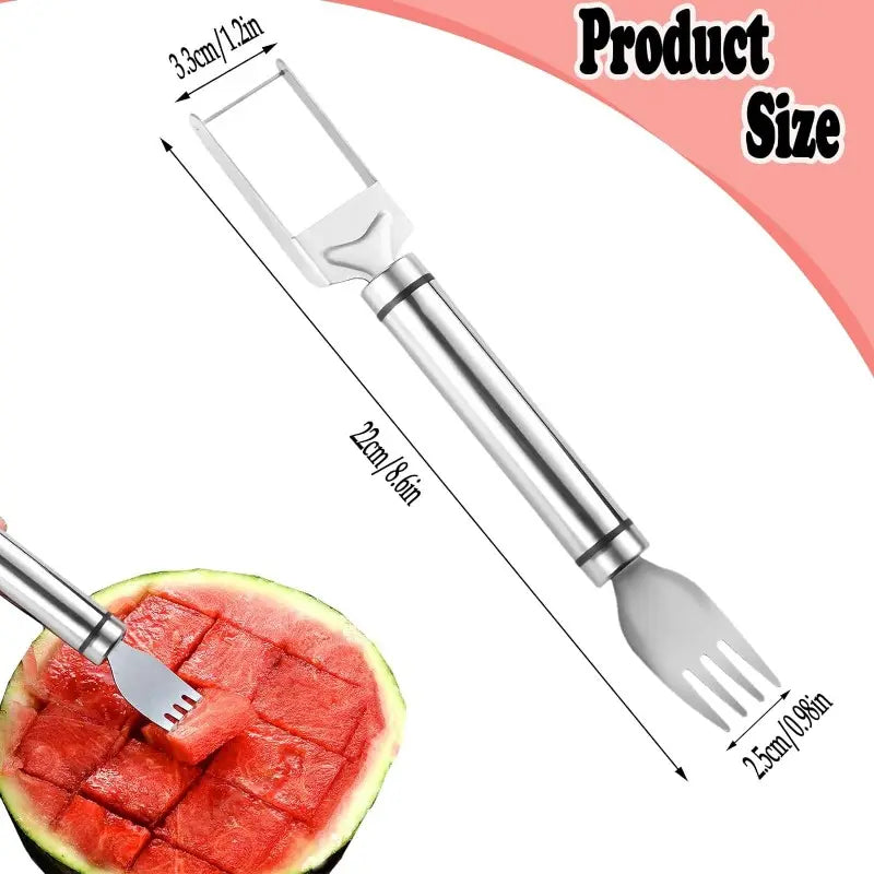 Watermelon Slicer and Cube Cutter - 2-in-1 Stainless Steel Fruit Cutting Tool with Dual Head Forks and Ergonomic Handle, Portable Kitchen Gadget